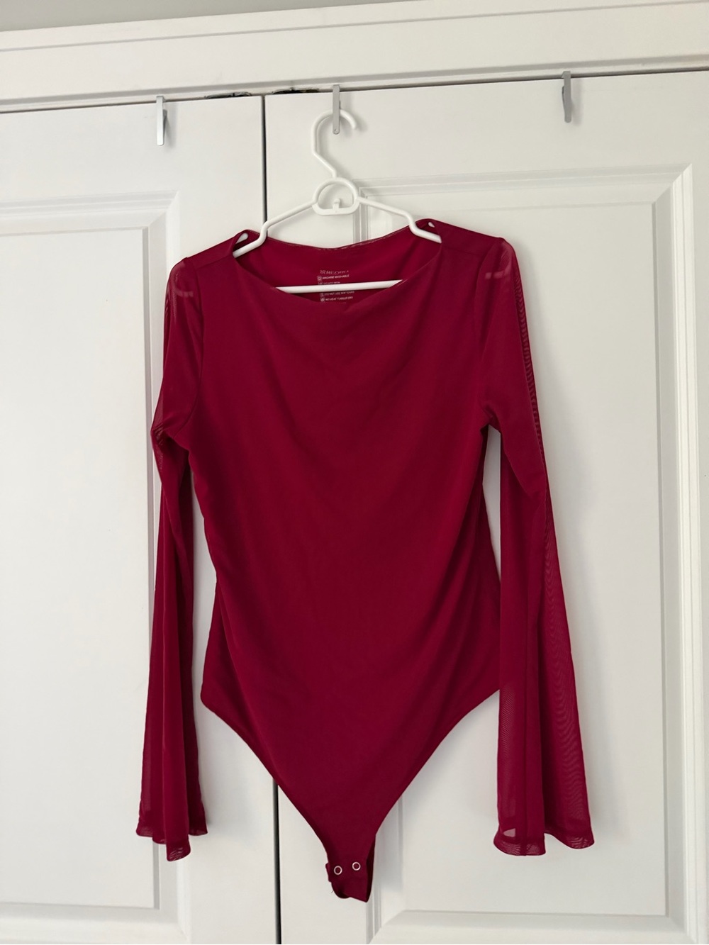 Women’s Red Long-Sleeve Mesh-Sleeve Bodysuit